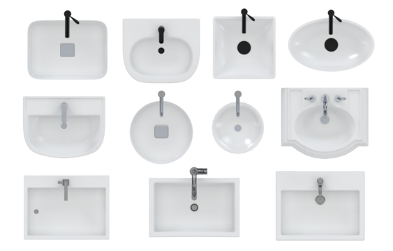 White Ceramic Bathroom Sinks from Top View- set of wash basins