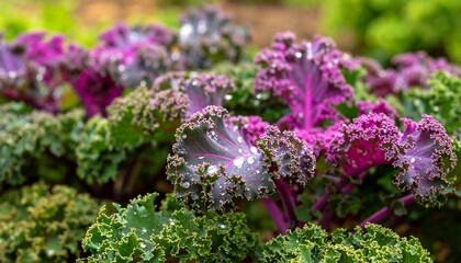 Obraz premium Close-up of vibrant purple and green kale leaves (1)