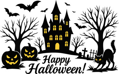 Spooky Halloween Scene with Haunted Castle and Pumpkins