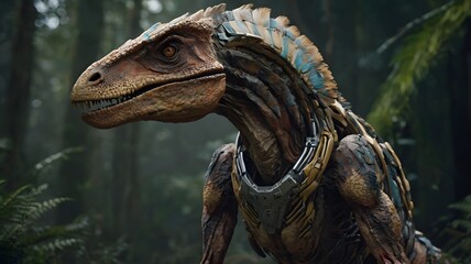 Futuristic dinosaur-like creature in a dense forest setting