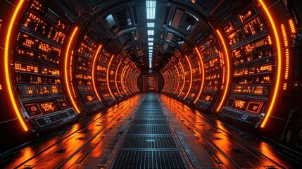 Futuristic Spaceship Corridor: A Glowing Orange Tunnel of Technology