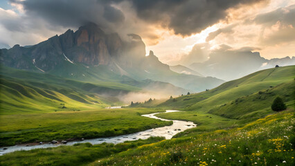 Dramatic landscape rolling green hills winding river majestic mountains moody cloudy sky