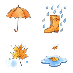 Fototapeta premium Rainy autumn day icon set for weather forecasts, seasonal blogs, outdoor apparel advertisements, and cozy, moody illustrations. Transparent Background, Cutout, PNG