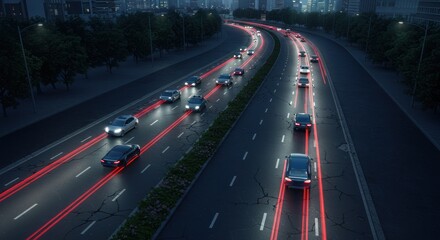 Nighttime Urban Highway Traffic Scene with Moving Cars and Light Trails