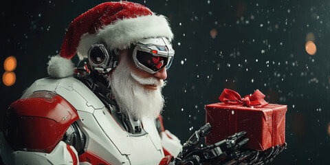 A futuristic android Santa Claus holds a gift box. The robot features a red and white design with a Santa hat, symbolizing a modern Christmas concept.