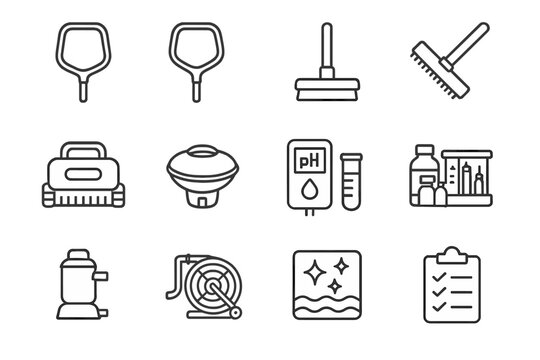 Swimming pool maintenance tools and equipment icons set