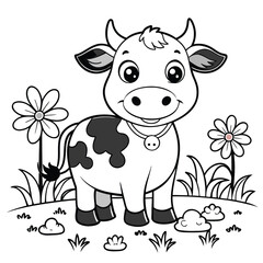 A funny, cute, black and white dairy cow cartoon illustration on a farm