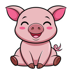 A cute, funny, pink cartoon piglet illustration of a smiling farm animal