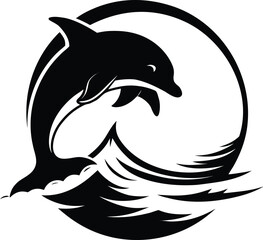 Cartoon vector illustration of sea animals including a shark, black shark, dolphin, and other marine life in the ocean