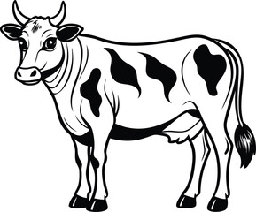 A charming, isolated black and white cartoon cow and bull vector illustration, perfect for farm and dairy-themed designs