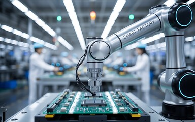 Robotic arm precisely assembling electronic circuit board in modern factory