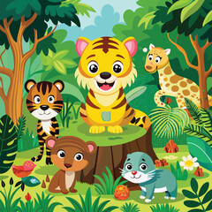 Obraz premium Funny cartoon safari animal character head icons set collection