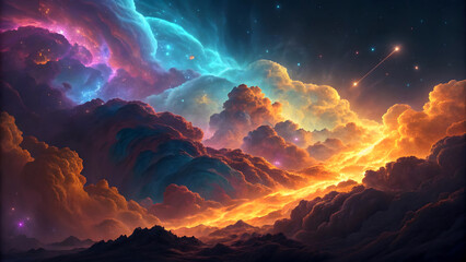 A dramatic, colorful, and ethereal landscape with towering mountains and swirling cosmic clouds