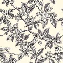 Fototapeta premium elegant toile de jouy style seamless pattern, vintage botanical drawing