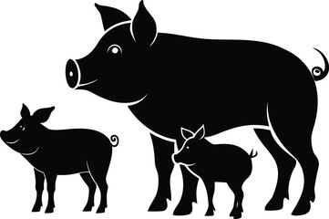 Black and white farm animal vector illustrations featuring a pig, horse, cow, and other cute livestock silhouettes
