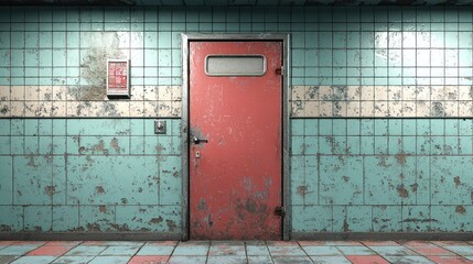 Distressed Red Door in a Retro-Styled, Aged Tile Room