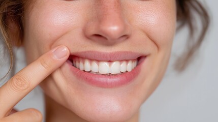 Obraz premium A woman with a white smile and a finger pointing to her teeth. Concept of cleanliness and good dental hygiene