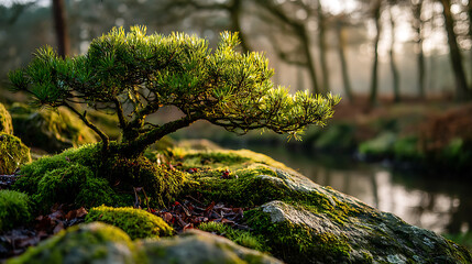 Zen Bonsai Tree on Mossy Rock