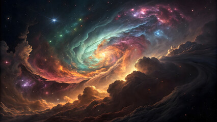 Swirling celestial galaxy, vibrant nebula, glowing celestial clouds, dramatic cosmic landscape