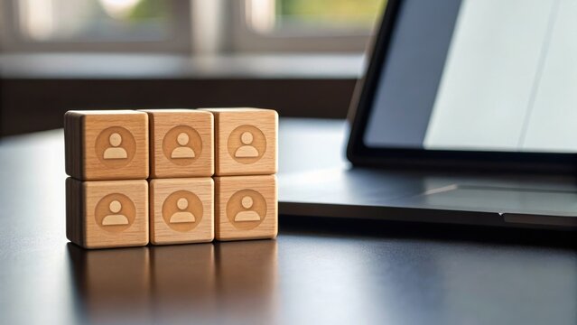 Wooden blocks with user icons beside a laptop, symbolizing digital communication or teamwork in a modern workspace.