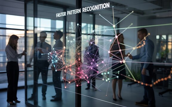 Diverse business team collaborating with futuristic digital network overlay in modern office