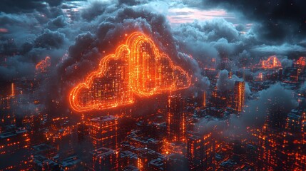 Futuristic Cityscape with Illuminated Cloud Computing Symbol