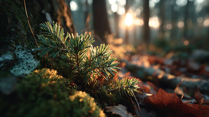 Forest Floor Sunrise Spruce Needles Moss Sunlight