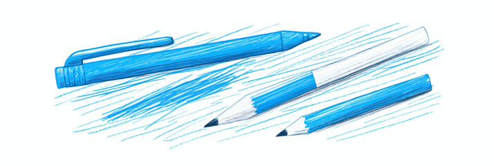Blue pen and pencils drawing with scribble line strokes and sketch effect minimalist flat vector illustration on white background