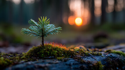 Tiny Fir Tree Sprout Emerging From Moss at Sunset