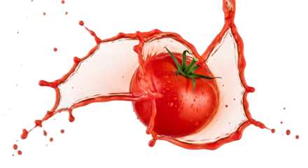 Illustration of a single ripe red tomato with water droplets is captured in a
