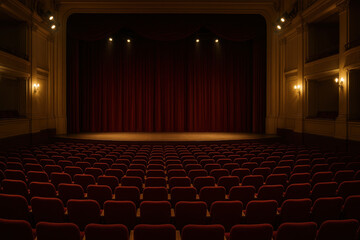 Red theater curtains open as actors take a bow on stage, framed by red chairs.