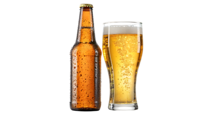 glass of beer with foam and beer bottle isolated on transparent background