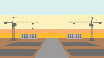 Two construction cranes working on building sites against a striped yellow and orange background