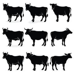 A vector collection of farm animal silhouettes, including cows, horses, goats, sheep, pigs, and chickens, perfect for illustrating livestock