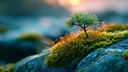 Sunrise illuminates a tiny pine tree growing on mossy rocks