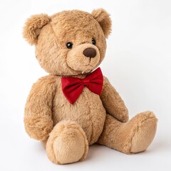 Obraz premium Brown Teddy Bear with Red Bow Tie Sitting Pose, Plush Toy, Valentine's Day Gift Teddy Bear, Valentine's Day