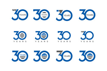 30 Year Anniversary Logo, collection of creative number 30 logo designs. abstract thirty designs, element for birthday, invitation, wedding, jubilee and greeting card illustration