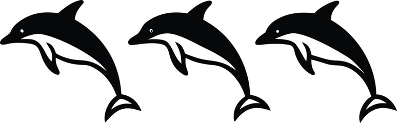 Vector animal silhouettes: dolphin, cat, and lion illustrations, isolated in black for a striking wildlife logo