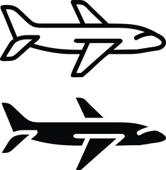 Airplane Icon Set in Black and White Outline and Solid Style for Travel and Aviation Design