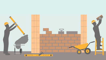 Illustration of two construction workers building a brick wall with tools and equipment shown around them