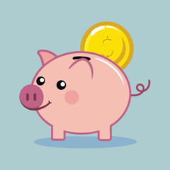 Pink cartoon piggy bank bursting with coins, symbolizing cute animal savings and financial growth