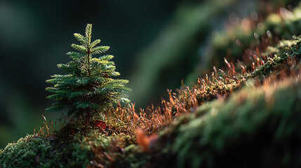Tiny Fir Tree Emerging From Mossy Ground