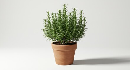 Potted Rosemary Plant with Green Aromatic Foliage in Clay Pot on White Background