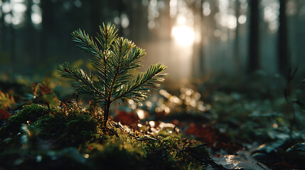 Young Fir Tree Sprout in Forest Sunlight