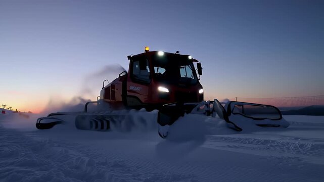 Black Snow Groomer on White Snow at Dusk Pale Blue Sky and Sunset Creates a Peaceful Winter Evening Landscape at High