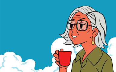 Happy senior woman enjoying a drink coffee outdoors with the sky, pop art illustration