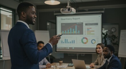 Professional Business Man Presenting Data Charts in Modern Conference Room