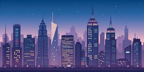 Night Cityscape Flat Illustration, Purple Hues, Modern Architecture, Skyline, City, Urban Cityscape, Illustration