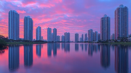 Fototapeta premium Sunrise Reflections: A Serene Miami Skyline