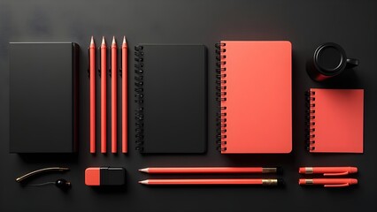 Corporate identity branding mockup with red and black office stationery. Flat lay of organized supplies on a dark background for business presentation.